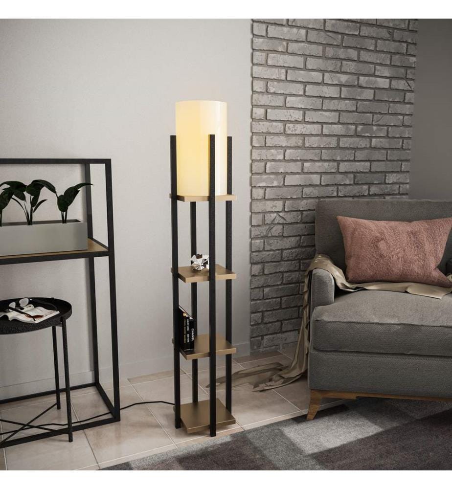 Stehlampe, Schwarz, Gold, Metallgehäuse, Stoffkappe