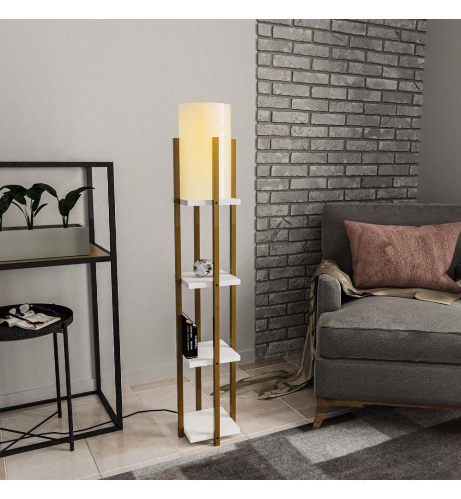 Lampada da terra, Oro, Bianco, Corpo in metallo, Cappuccio in tessuto