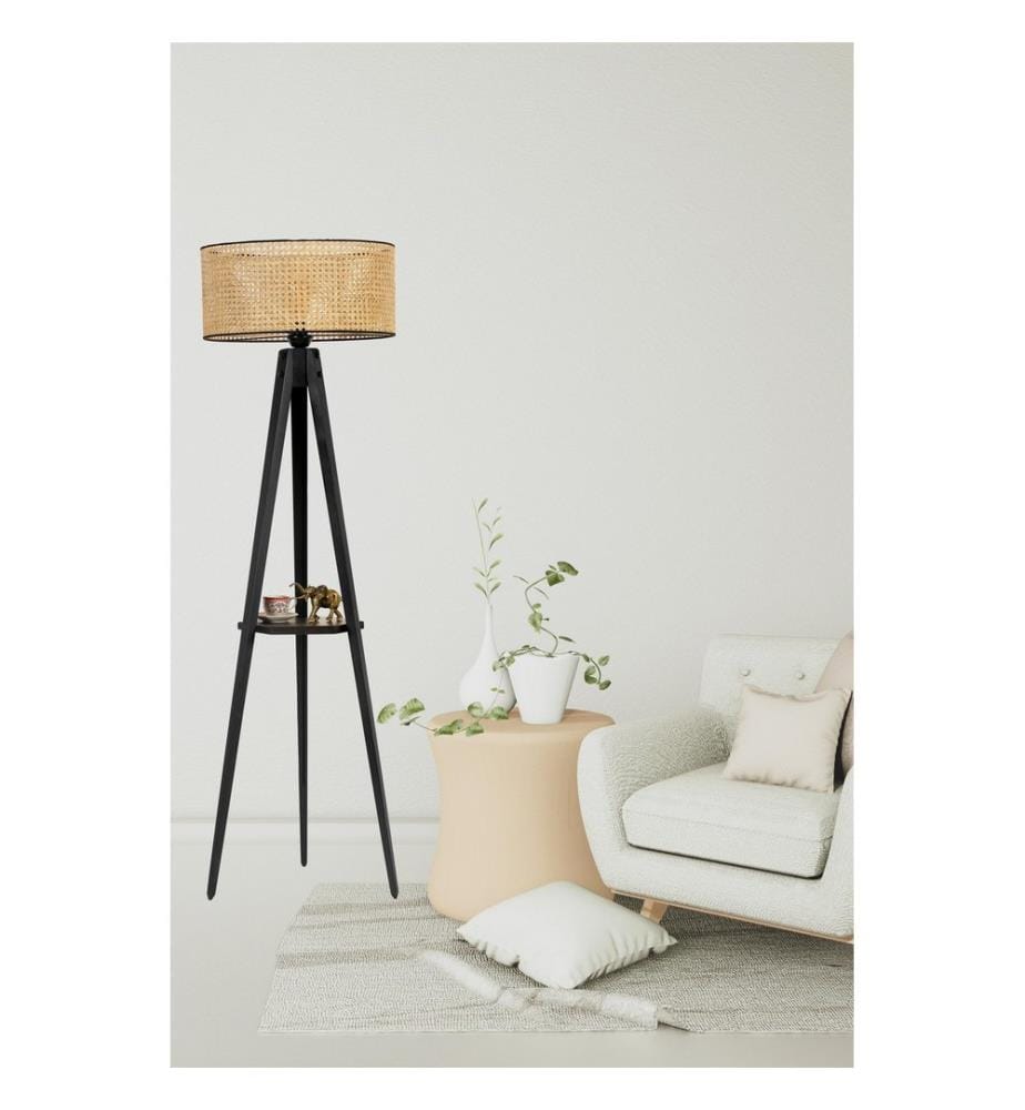Lampadaire, Rattan, Black, Wood Body