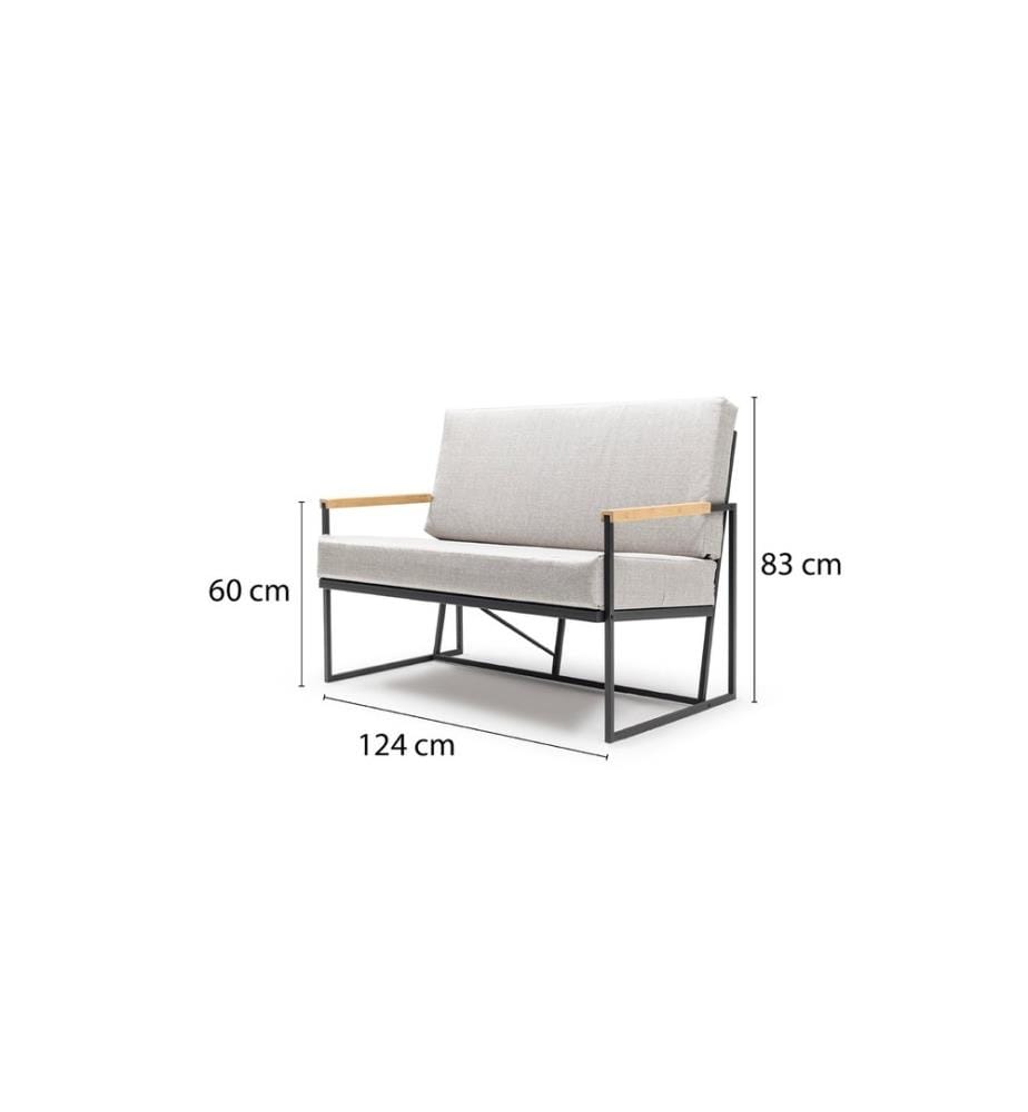 Divano da giardino a 2 posti, Beige, Nero, Struttura: Metallo (profilo 20 X 20 - spessore 1 Mm), Tessuto: 100% lino