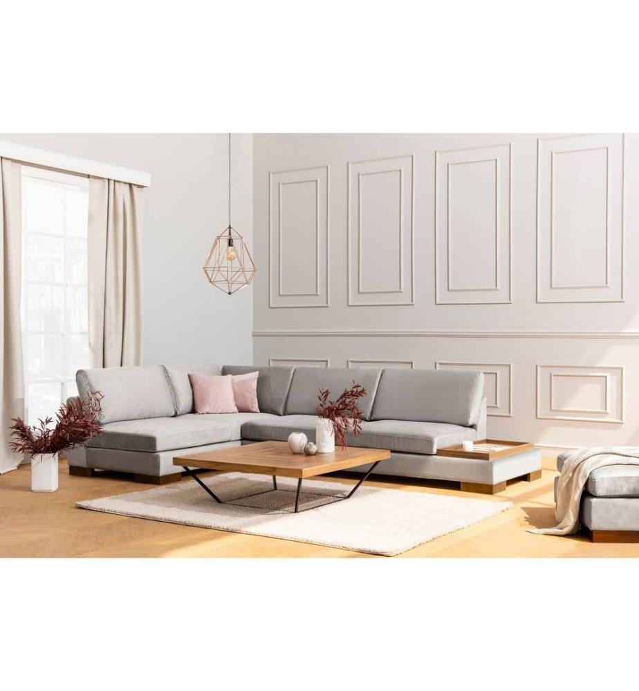 Canapé d'angle, gris clair, cadre en bois de hêtre - aggloméré, tissu polyester