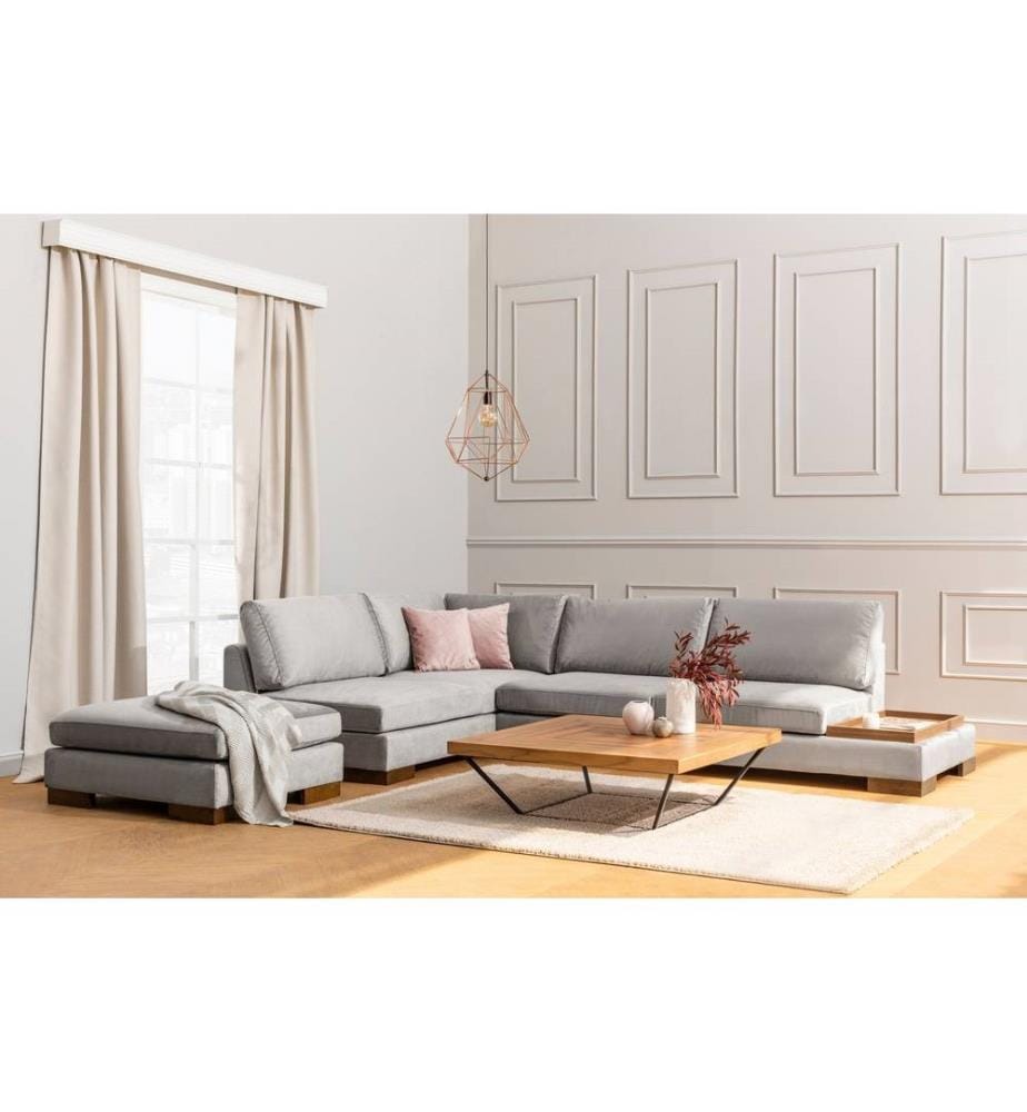 Canapé d'angle, gris clair, cadre en bois de hêtre - aggloméré, tissu polyester