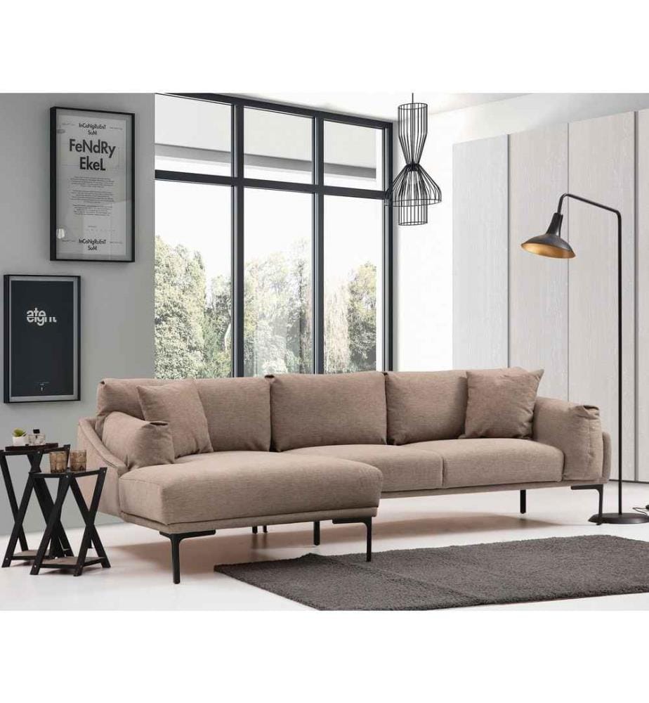 Corner Sofa, Mocha, Beech Wood - Chipboard Frame, Polyester Fabric