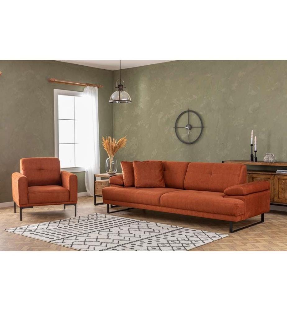 Divano-letto a 3 posti, arancione, legno di faggio - struttura in truciolato, tessuto in poliestere
