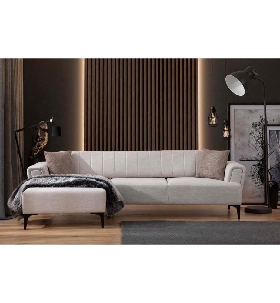 Divano-letto angolare, Ecrù, Struttura: Legno di faggio - truciolato, Tessuto: 100% Poliestere
