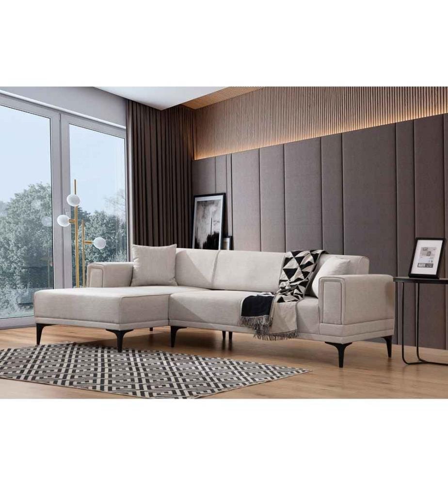 Divano-letto angolare, Ecrù, Struttura: Legno di faggio - truciolato, Tessuto: 100% Poliestere