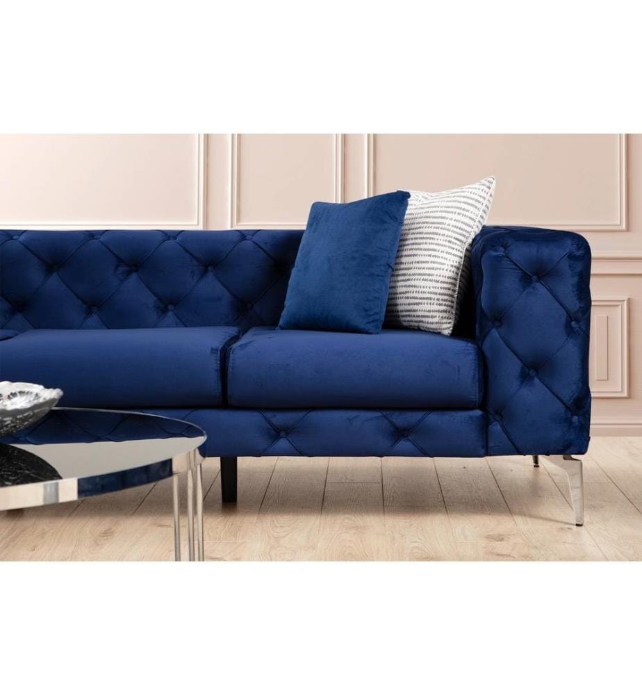 Divano a 2 posti, blu navy, struttura in legno di faggio e truciolato, tessuto in poliestere