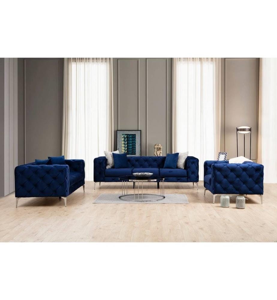 Divano a 2 posti, blu navy, struttura in legno di faggio e truciolato, tessuto in poliestere