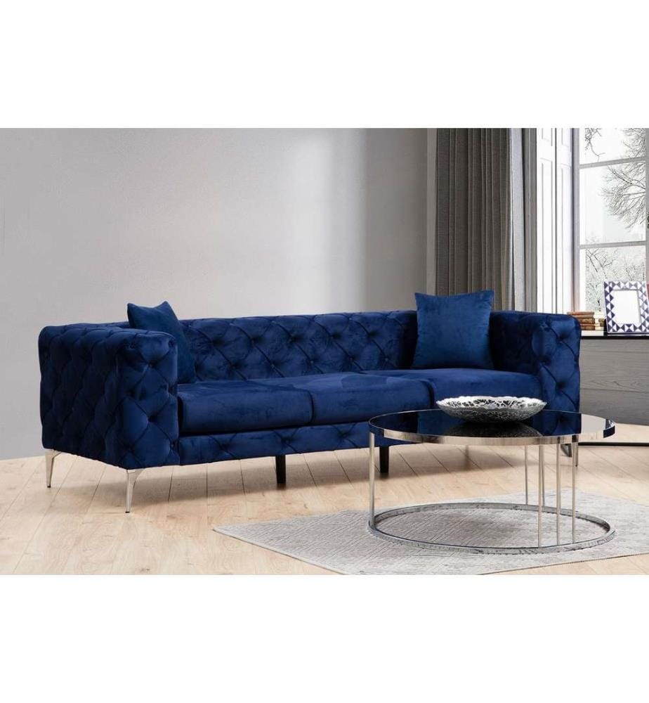 Divano a 3 posti, blu navy, struttura in legno di faggio e truciolato, tessuto in poliestere