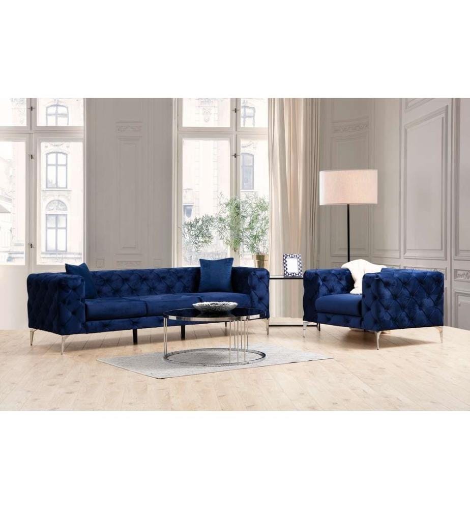 Divano a 3 posti, blu navy, struttura in legno di faggio e truciolato, tessuto in poliestere