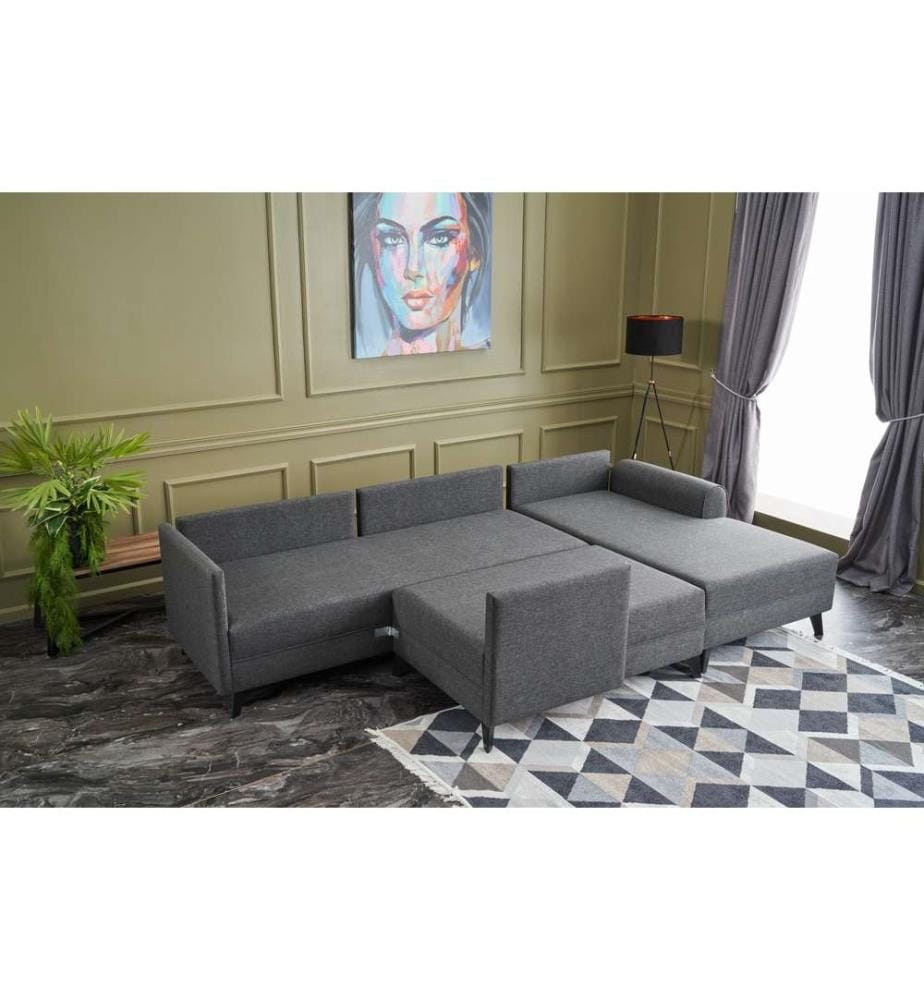 Divano-letto angolare, antracite, struttura in legno di abete, tessuto 50% poliestere - 50% lino