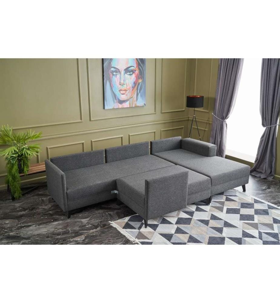 Divano-letto angolare, antracite, struttura in legno di abete, tessuto 50% poliestere - 50% lino