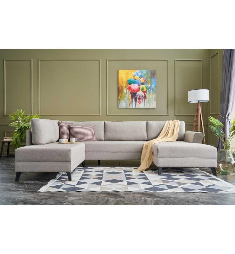 Divano-letto angolare, crema, struttura in legno di abete, tessuto 50% poliestere - 50% lino