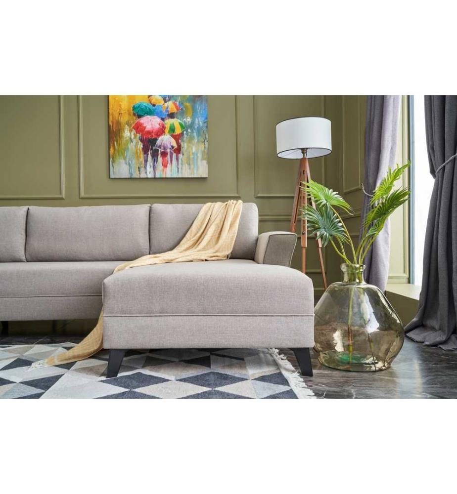 Divano-letto angolare, crema, struttura in legno di abete, tessuto 50% poliestere - 50% lino
