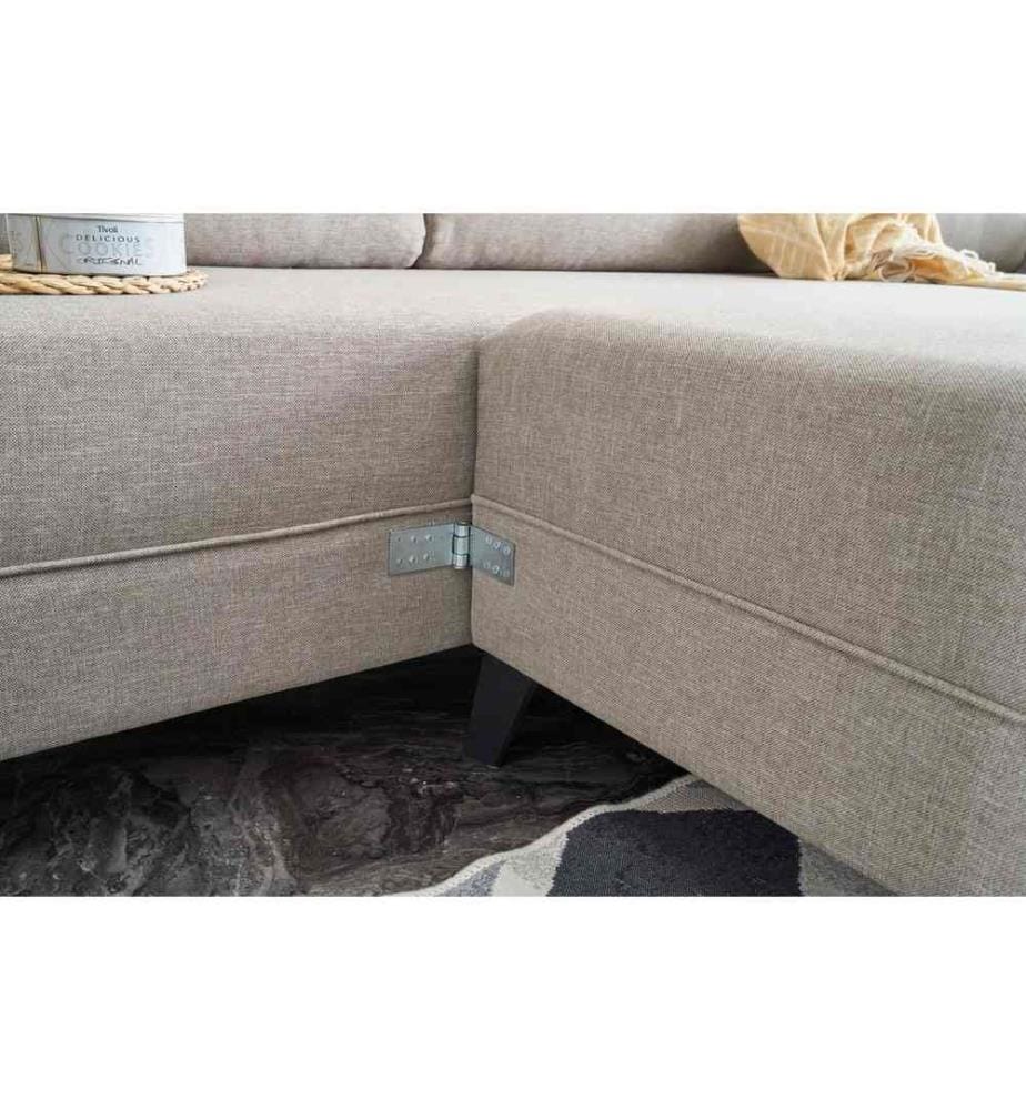 Divano-letto angolare, crema, struttura in legno di abete, tessuto 50% poliestere - 50% lino
