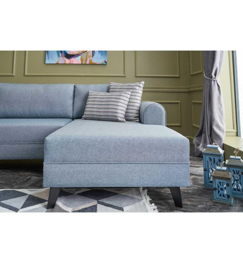 Canapé-lit d'angle, bleu, cadre en bois de sapin, tissu 50 % polyester - 50 % lin