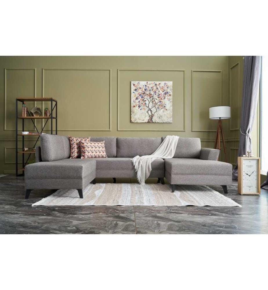 Divano-letto angolare, marrone, struttura in legno di abete, tessuto 50% poliestere - 50% lino