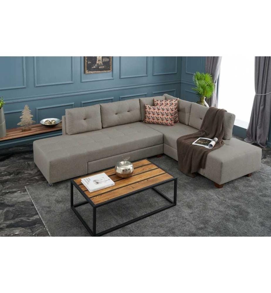 Canapé-lit d'angle, crème, cadre en bois - panneaux de fibres, tissu polyester