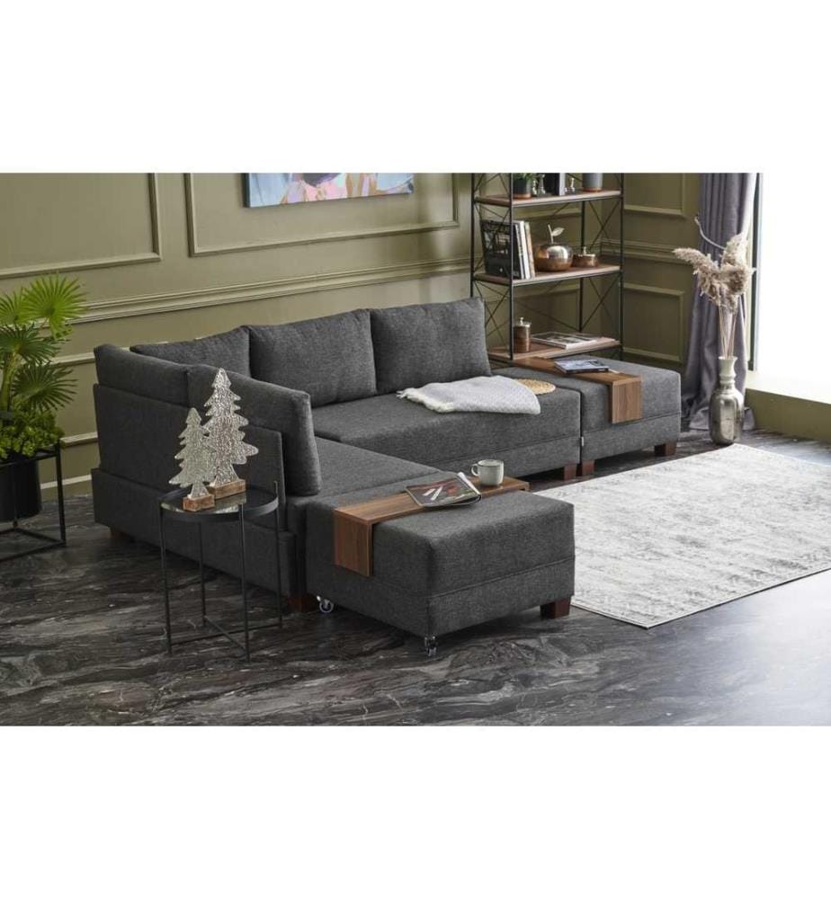 Divano-letto angolare, antracite, struttura in legno e particelle rivestite in melamina, tessuto in cotone e poliestere