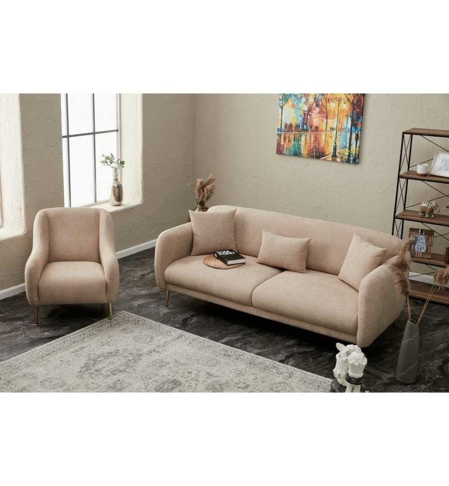 Divano-letto a 3 posti, oro beige, struttura in legno di faggio, tessuto in poliestere