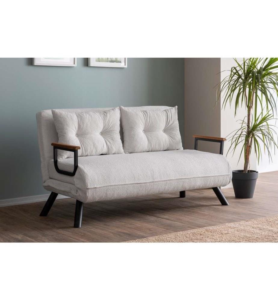 Divano letto a 2 posti, Crema, Struttura: 100% Metallo , Tessuto: Tessuto Teddy