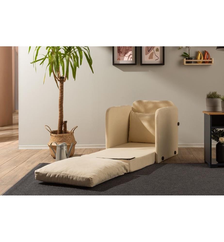 Canapé-lit 1 place, crème, structure : 100 % MÉTAL, tissu : 100 % POLYESTER, pieds métalliques