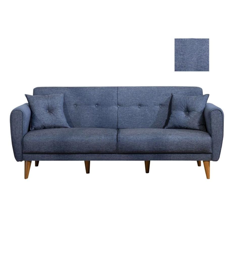 Divano-letto a 3 posti, blu scuro, struttura in legno di carpino, tessuto di lino