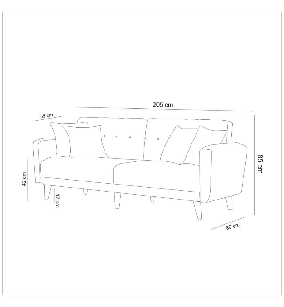 Divano-letto a 3 posti, blu scuro, struttura in legno di carpino, tessuto di lino