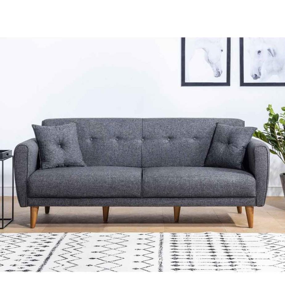 Divano-letto a 3 posti, grigio scuro, struttura in legno di carpino, tessuto di lino