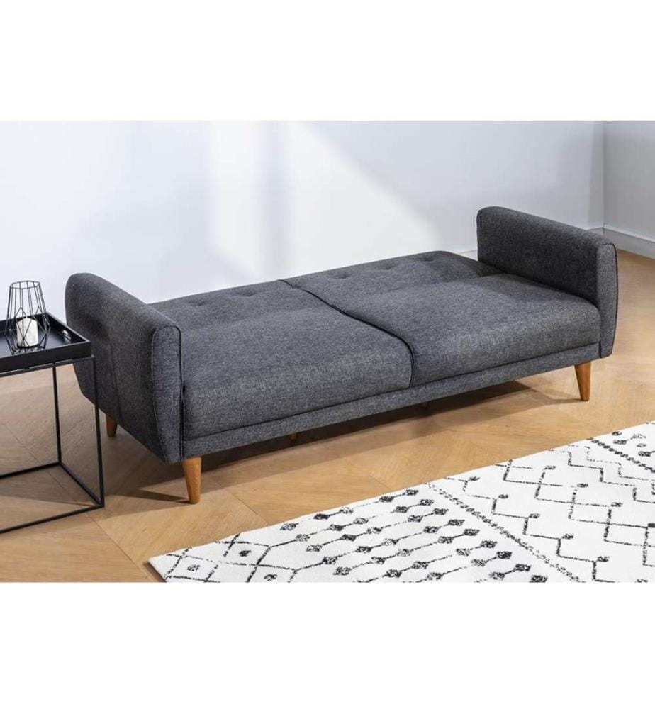 Divano-letto a 3 posti, grigio scuro, struttura in legno di carpino, tessuto di lino