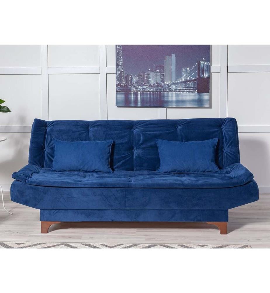 Divano-letto a 3 posti, blu scuro, struttura in legno di pino, tessuto a maglia
