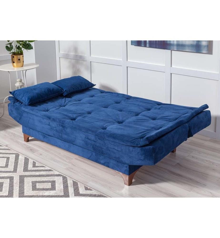Divano-letto a 3 posti, blu scuro, struttura in legno di pino, tessuto a maglia