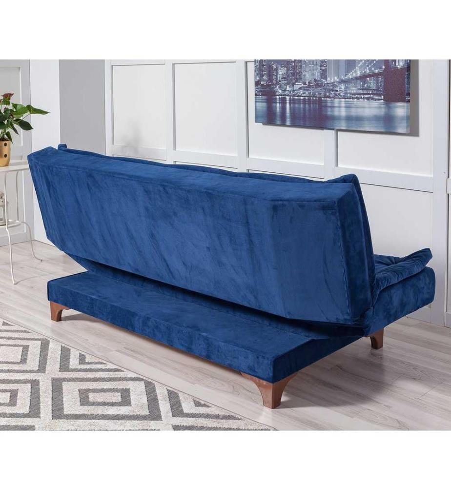 Divano-letto a 3 posti, blu scuro, struttura in legno di pino, tessuto a maglia