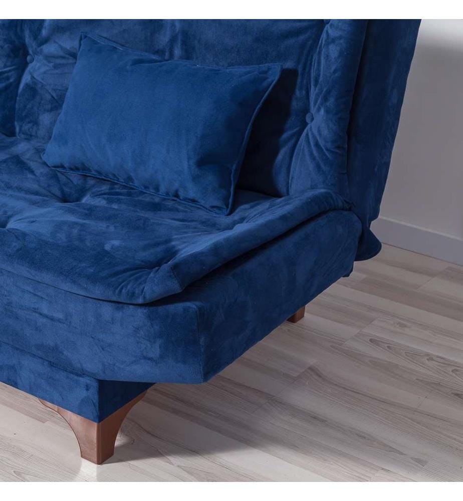 Divano-letto a 3 posti, blu scuro, struttura in legno di pino, tessuto a maglia