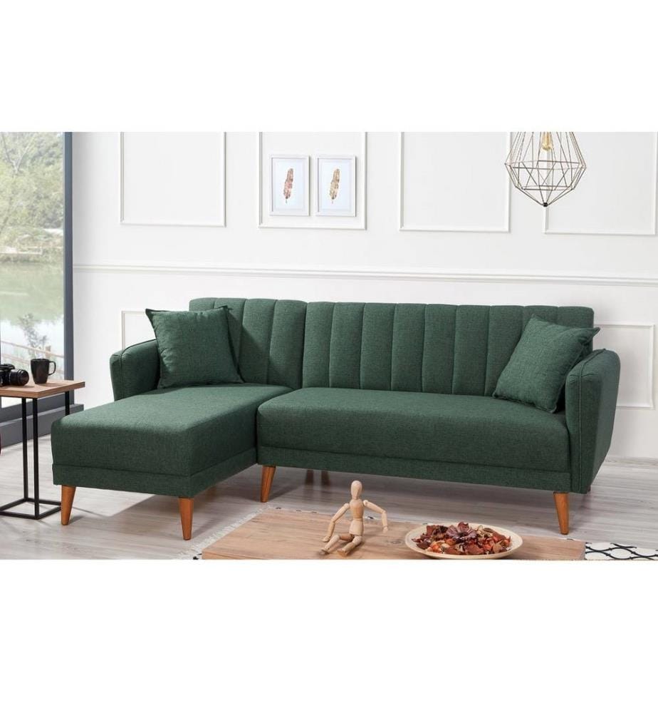 Canapé-lit d'angle, vert foncé, bois de charme - cadre métallique, tissu de lin