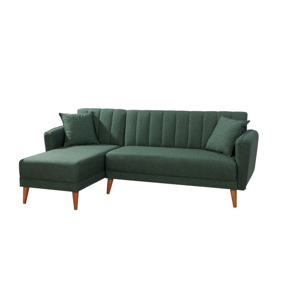 Canapé-lit d'angle, vert foncé, bois de charme - cadre métallique, tissu de lin