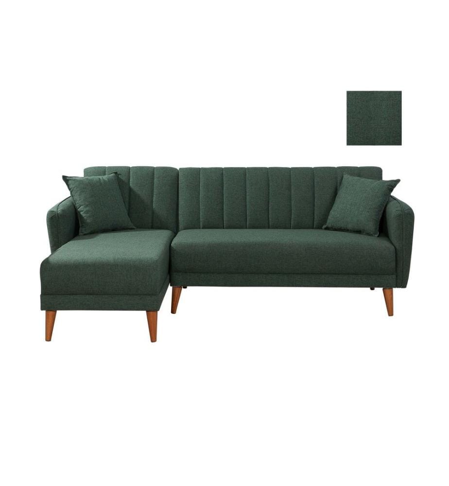 Canapé-lit d'angle, vert foncé, bois de charme - cadre métallique, tissu de lin