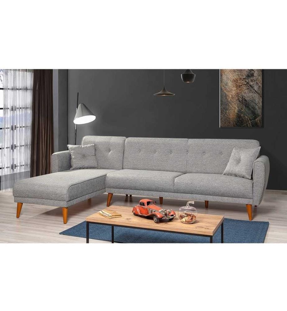 Divano-letto angolare, grigio, struttura in legno di carpino, tessuto di lino