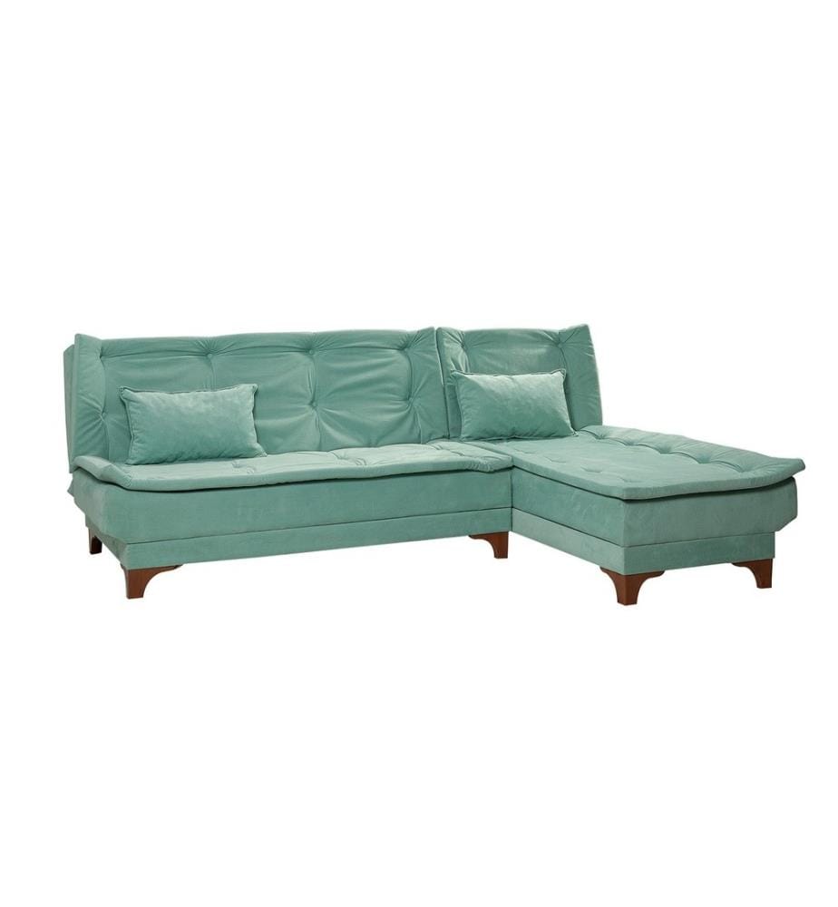 Divano-letto angolare, verde mare, struttura in legno di pino, tessuto a maglia
