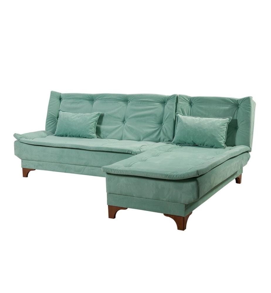 Divano-letto angolare, verde mare, struttura in legno di pino, tessuto a maglia
