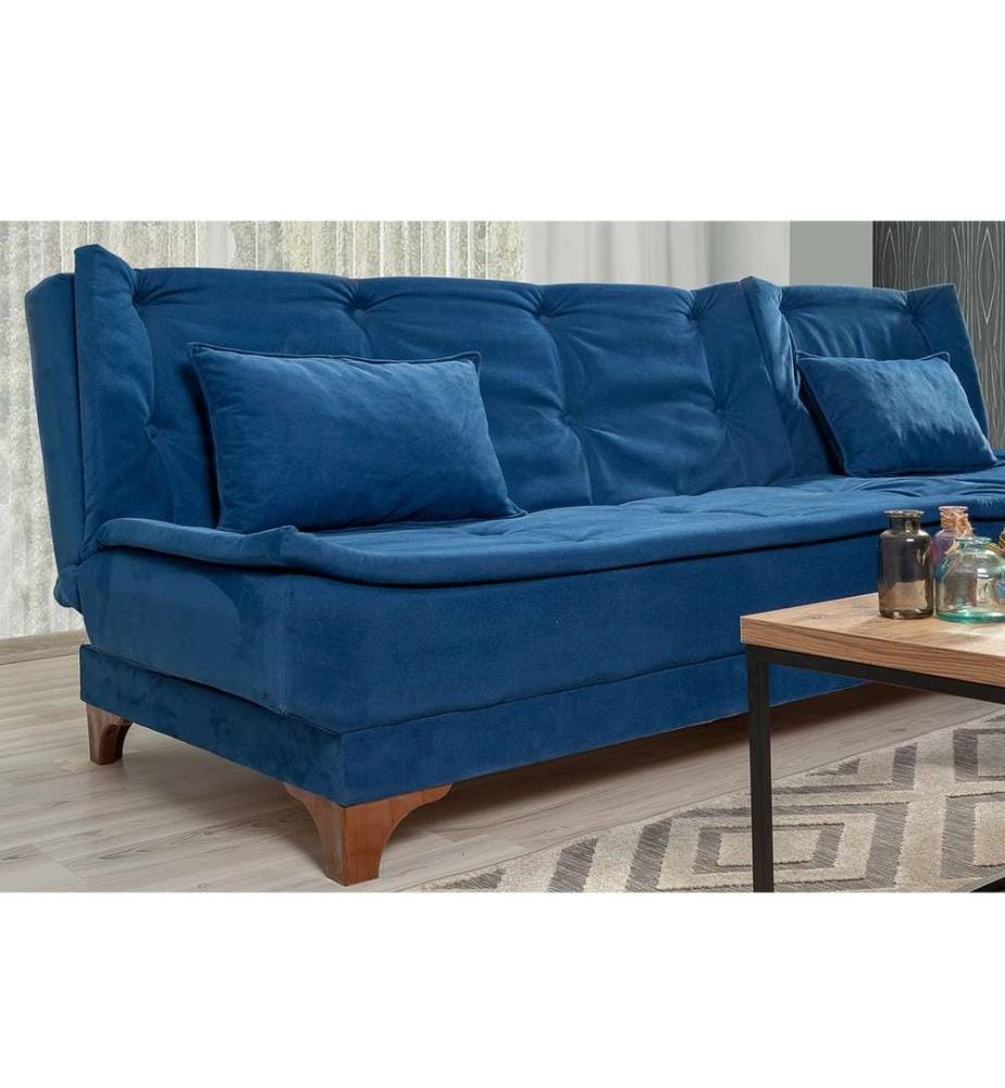 Divano-letto angolare, blu scuro, struttura in legno di pino, tessuto a maglia