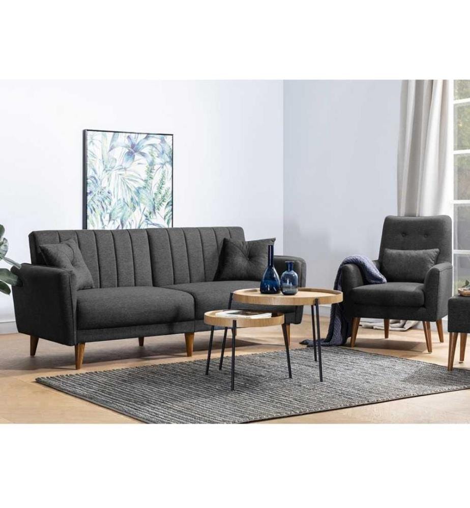 Set divano-letto, antracite, struttura in legno di carpino, tessuto di lino