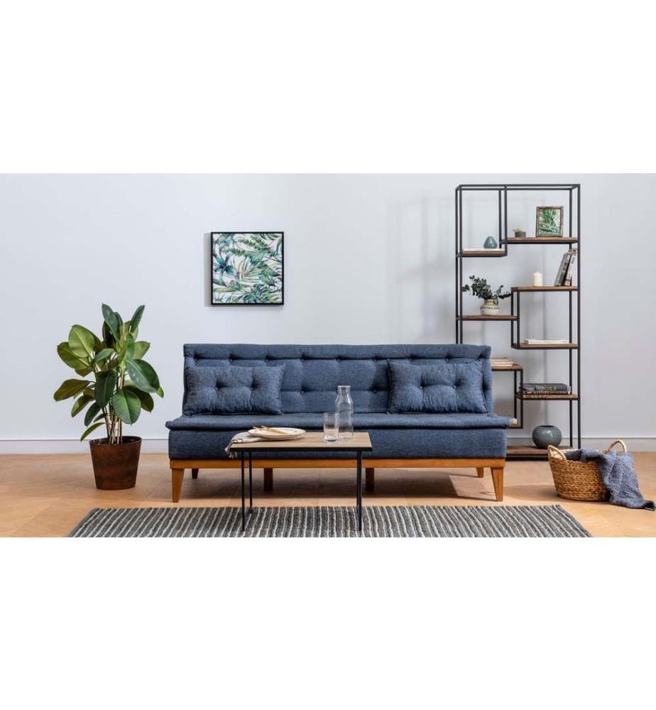 Set divano-letto, blu scuro, struttura in legno di carpino, tessuto di lino