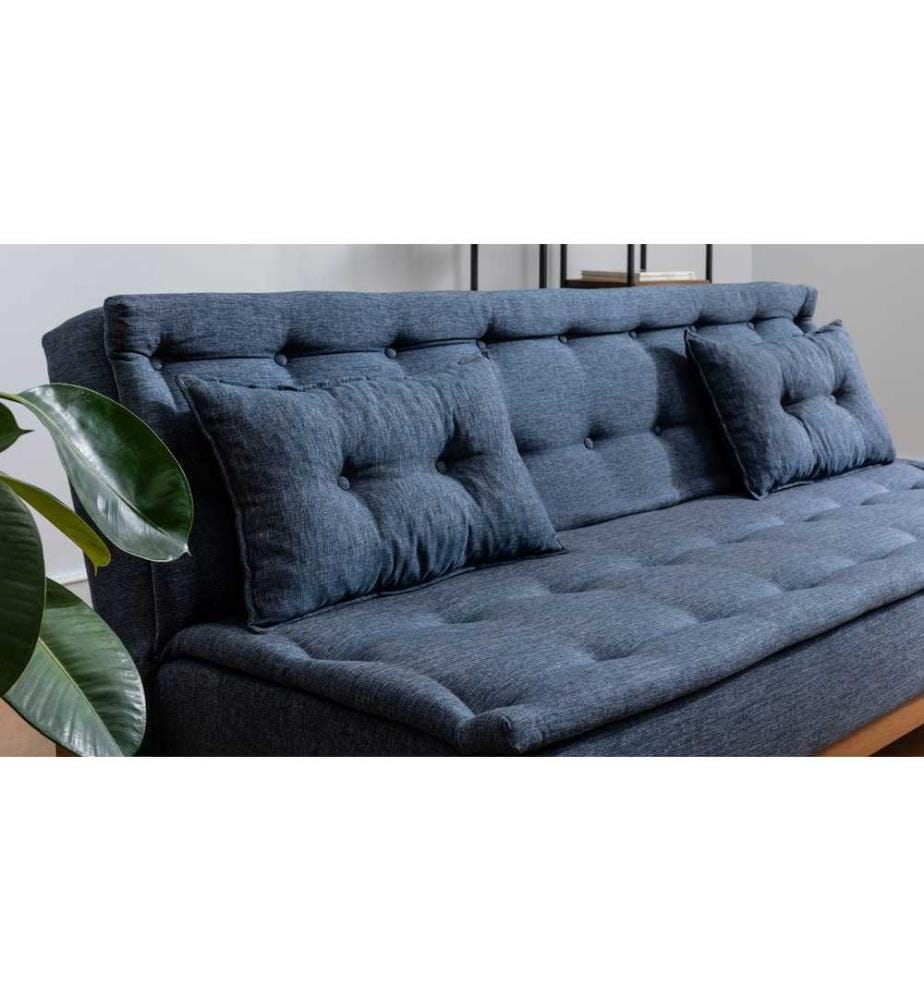 Set divano-letto, blu scuro, struttura in legno di carpino, tessuto di lino