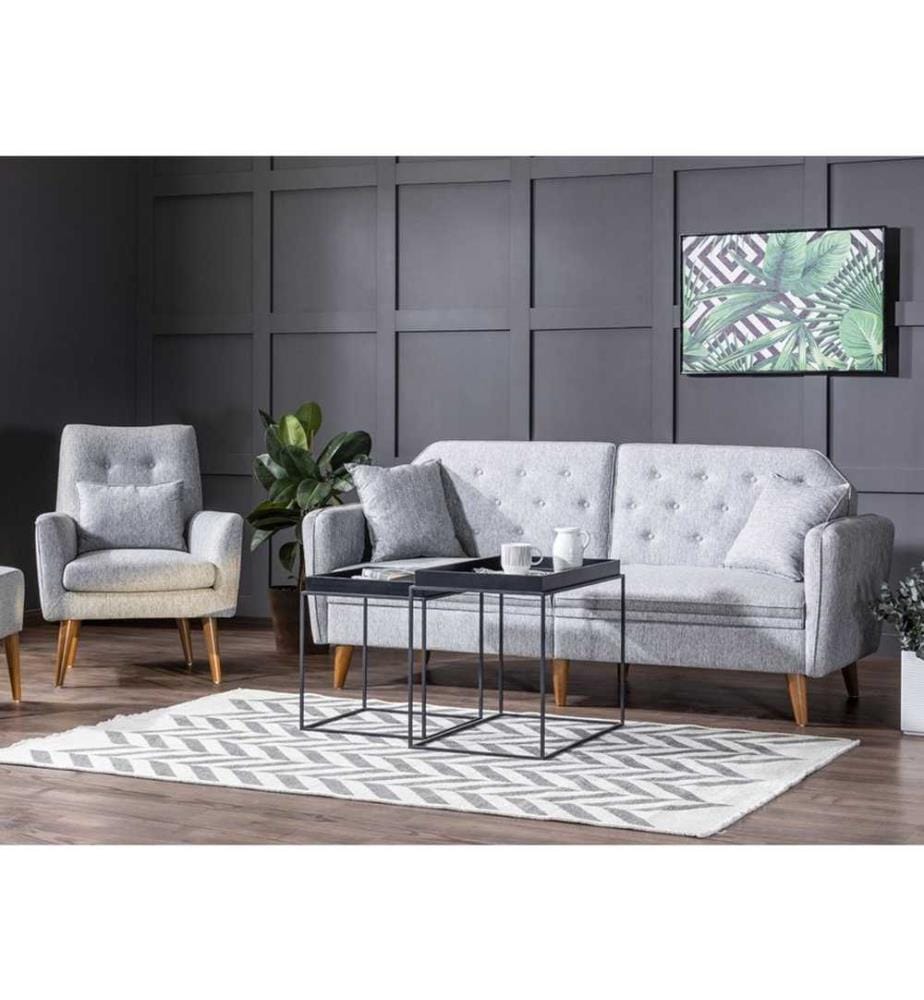 Set divano-letto, grigio, struttura in legno di carpino, tessuto di lino