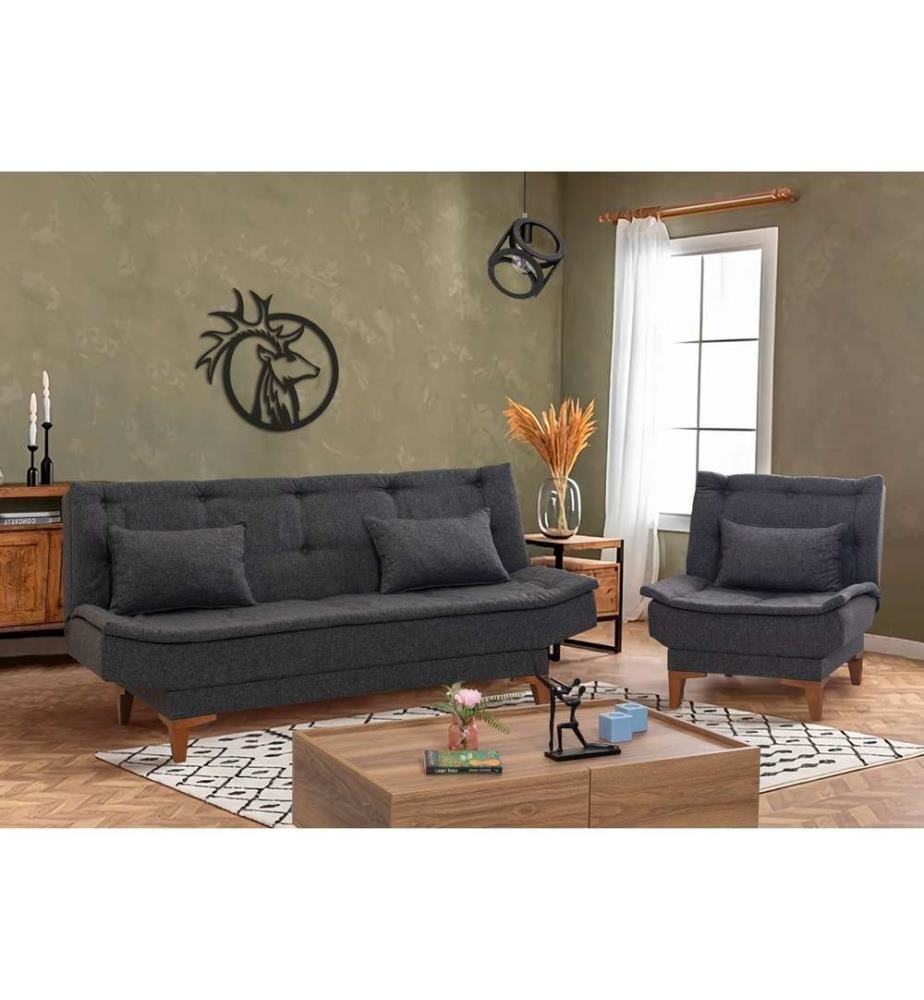 Set divano-letto, antracite, struttura in legno di faggio, poliuretano - tessuto acrilico