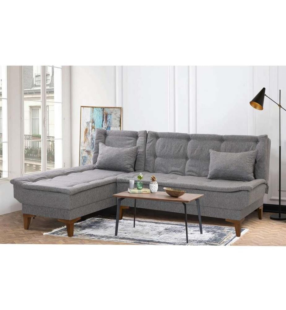 Divano-letto angolare, Grigio, Struttura: Legno di faggio, Tessuto: Tessuto 100% lino