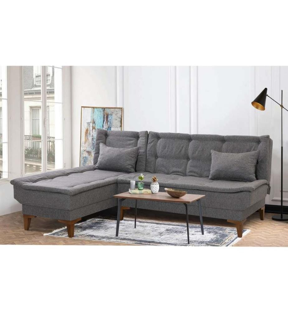 Divano-letto angolare, Grigio scuro, Struttura: Legno di faggio, Tessuto: Tessuto 100% lino