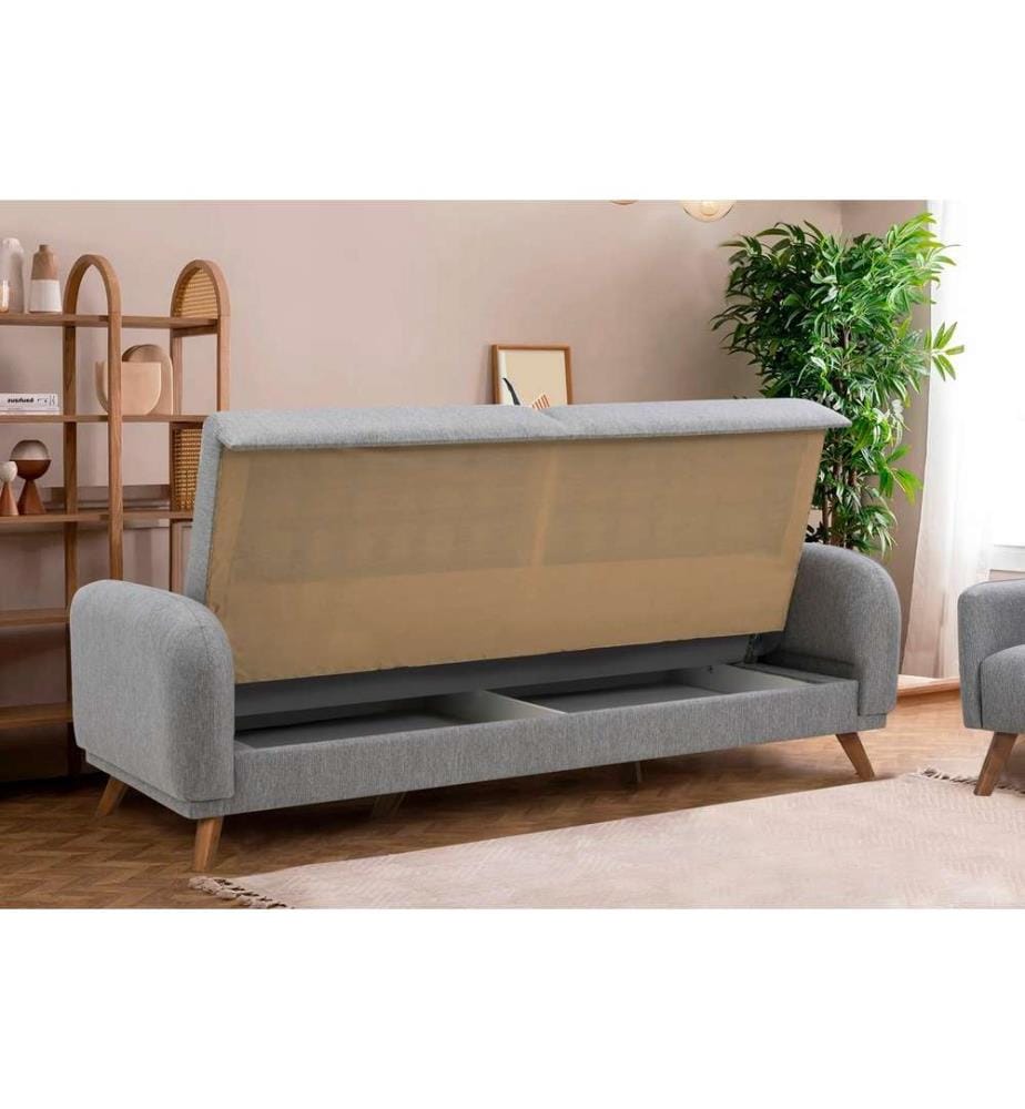Divano-letto a 3 posti, Grigio, Struttura: Legno di faggio, Tessuto: Tessuto 100% lino