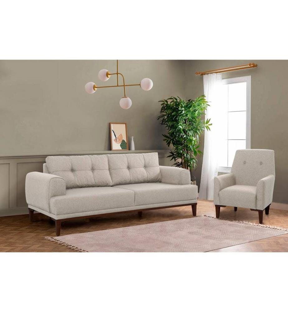 Set di divani, Crema, Noce, Struttura: Carpino e abete, Tessuto: 100% Poliestere